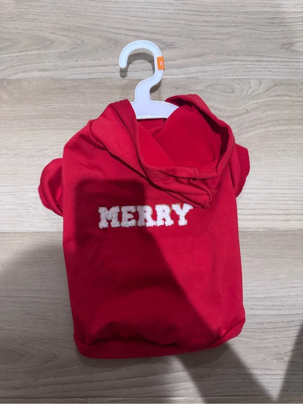 Cozy Red Dog Hoodie with 'MERRY' Embroidered Detail